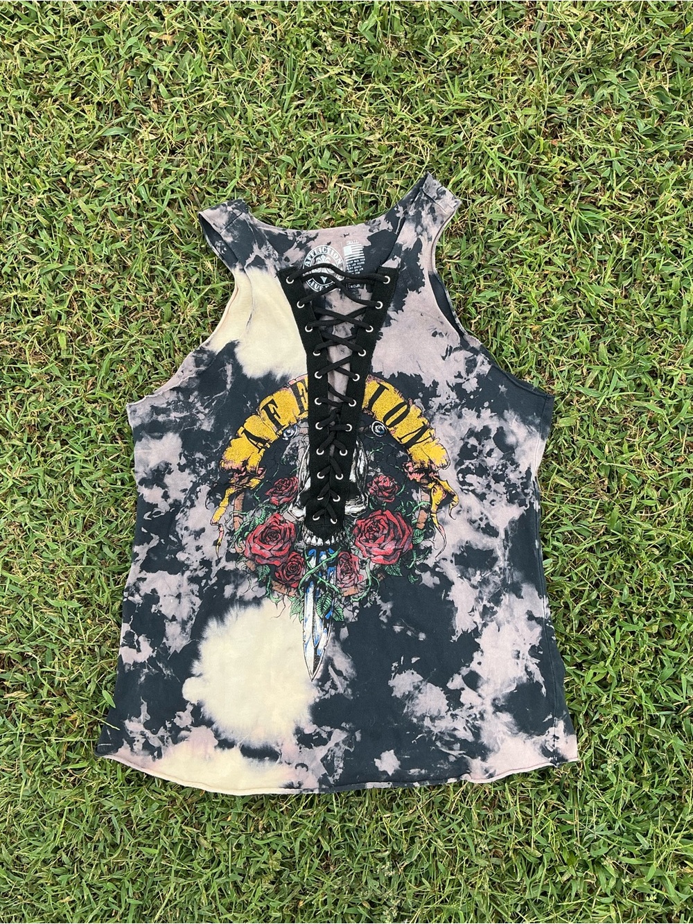 Affliction Black & Pink Lace-Up Tie-Dye Graphic Tank